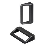 Two black rectangular polyamide carrying handles with fine textured surface, one upright and one lying flat