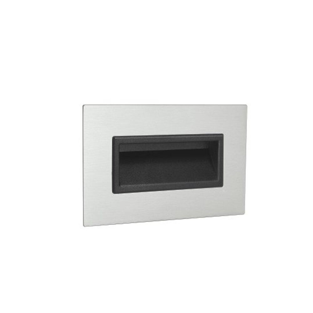 Rectangular black inset handle mounted flush on a brushed metal plate with a recessed grip area.