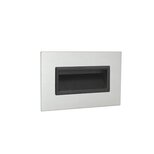 Rectangular black inset handle mounted flush on a brushed metal plate with a recessed grip area.
