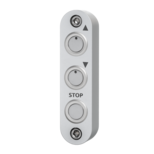 Compact aluminum switch housing TG1 with three push buttons arranged vertically, marked with upward and downward arrows and a stop label.