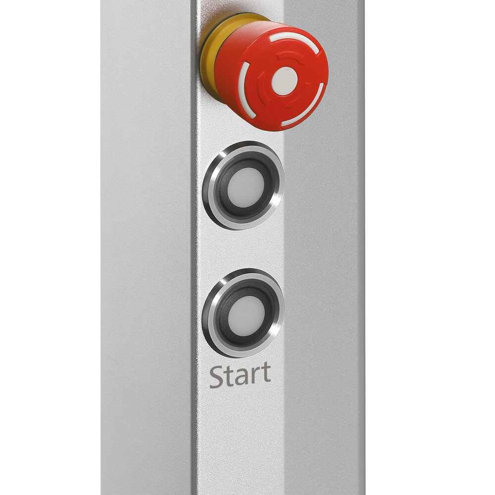 Metallic switch housing panel with a red emergency stop button at the top and two black push buttons below, one labeled 'Start'.