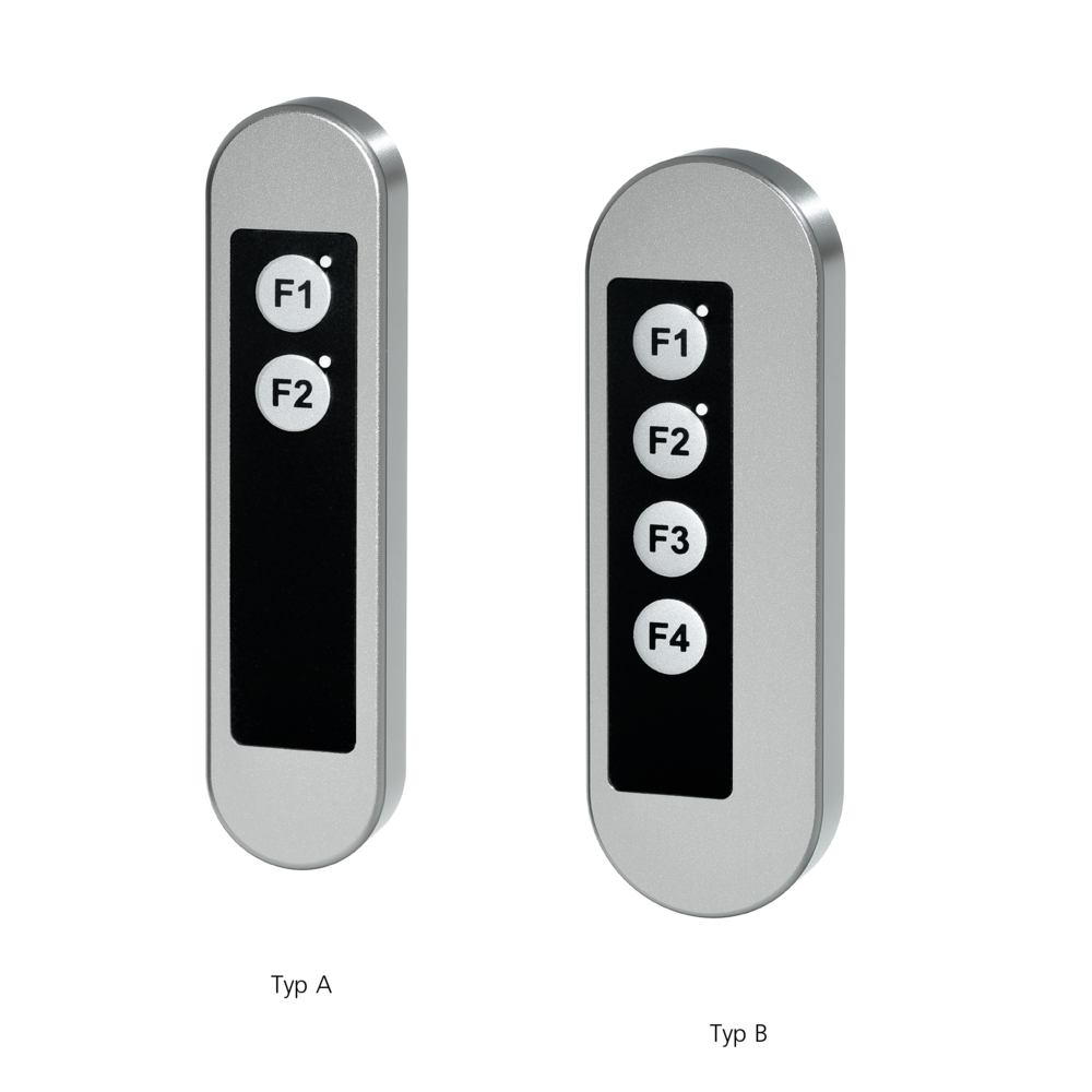 Zwei Edelstahl-Funktionsgriffe TG6, eine schmale Ausführung mit zwei Tasten und eine breite Ausführung mit vier Tasten