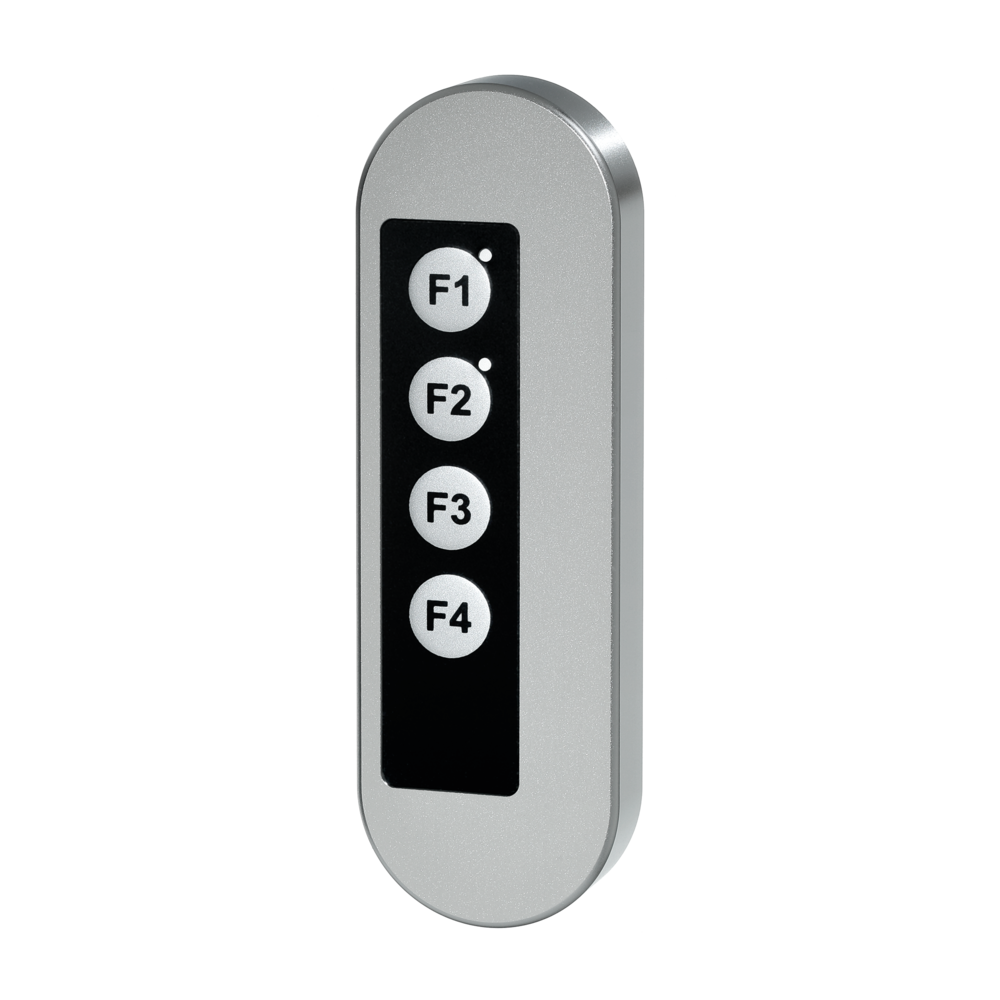 Silberner länglicher Funktionsgriff aus Edelstahl mit vier Tasten (F1 bis F4) auf schwarzem Hintergrund