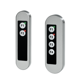 Two stainless steel switch housings with black rectangular panels and labeled push buttons F1 and F2 on the left housing and F1 to F4 on the right housing, each with green and red LED lights above some buttons.