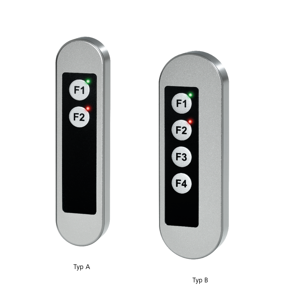 Two stainless steel TG6 switch housings, Typ A with two push buttons labeled F1 and F2 with LED indicators, and Typ B with four buttons labeled F1 to F4 with LED indicators on a black background.