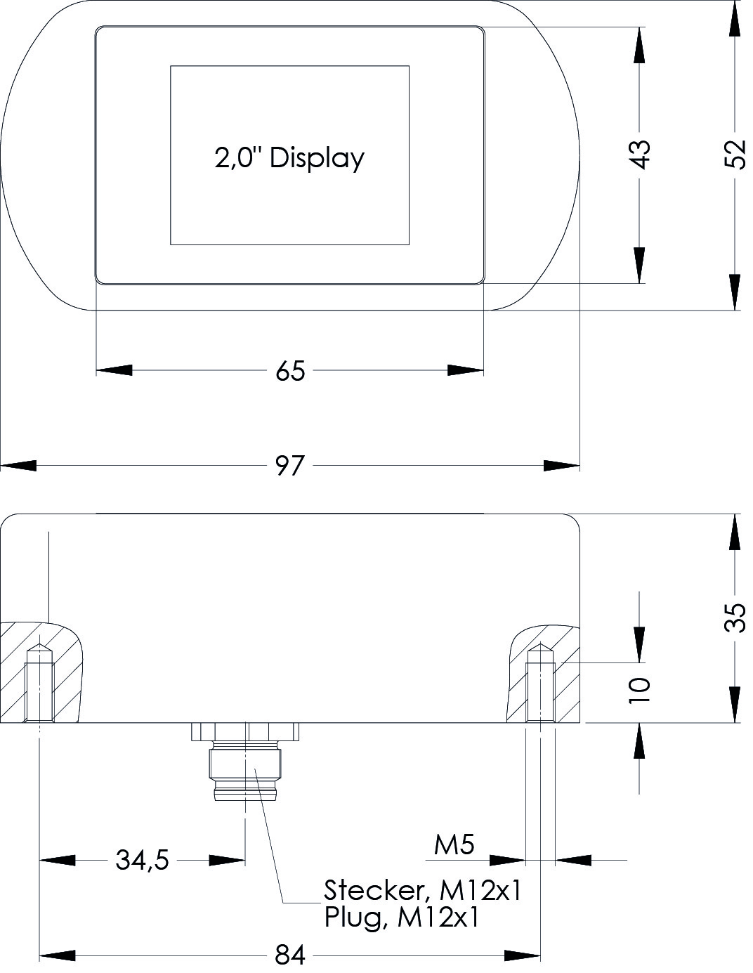Technical drawing showing front and side views of DG digital display housing with measurements and connector details.