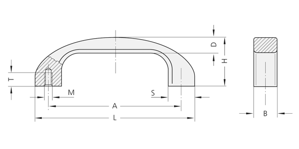 Technical drawing of the AB aluminium profile handle showing front, side, and cross-sectional views with dimensions.