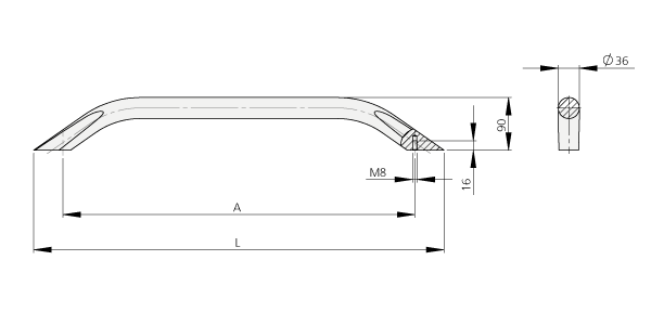 Technical drawing of the BG-36 aluminium bow-type handle showing front and side views with detailed dimensions