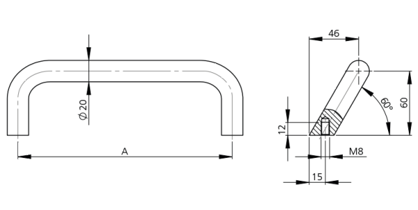Technical diagram of aluminium bow-type handle M1-20.S showing front and side views with detailed measurements.