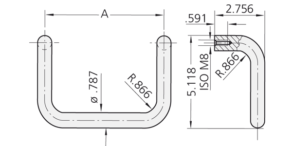 Technische Zeichnung eines U-förmigen Bügelgriffs aus Rundstahl, Ansicht von vorne und von der Seite mit markierten Bohrungen