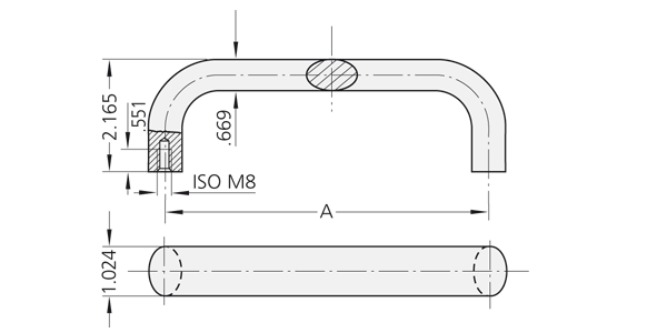 Technical drawing illustrating front and side views of an oval-profiled stainless steel handle with dimensional annotations.
