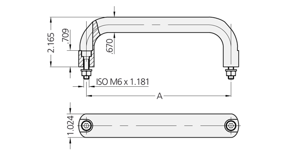 Technical line drawing showing front and side views of an aluminium bow-type handle MO-26 with screw attachments and dimensions labeled.