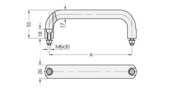 Technical drawing of an aluminium bow-type handle MO-26 with dimensions and mounting specifications