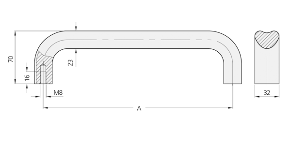 Technical line drawing of aluminium bow-type handle MV-32 showing front, side, and cross-sectional views with dimensions and material hatching