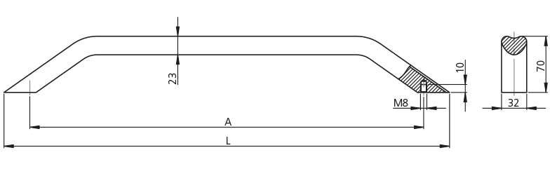 Technical drawing showing side and cross-section views of an aluminium bow-type handle labeled with detailed dimensions including height, width, thickness, and mounting hole specifications.