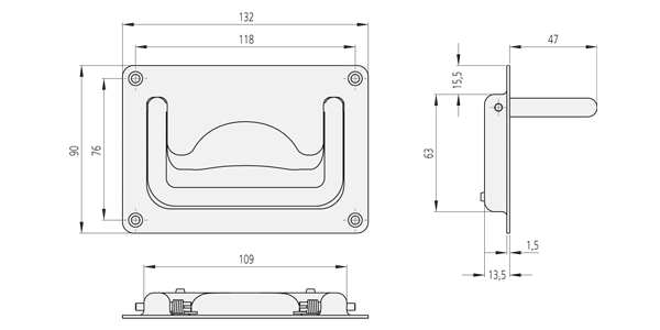 Technical drawing showing front, side, and top views of EE-07 collapsible stainless steel handle mounted on a rectangular base plate with four screw holes.