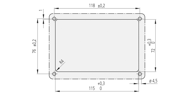 Technical drawing showing a rectangular stainless steel handle mounting plate with four corner holes and 4 mm rounded corners
