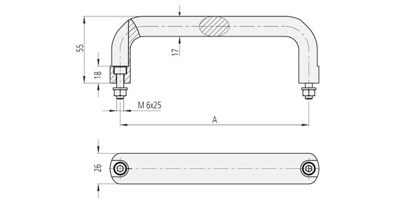Technical drawing showing side and top views of an oval-profile stainless steel handle with mounting nuts on both ends.