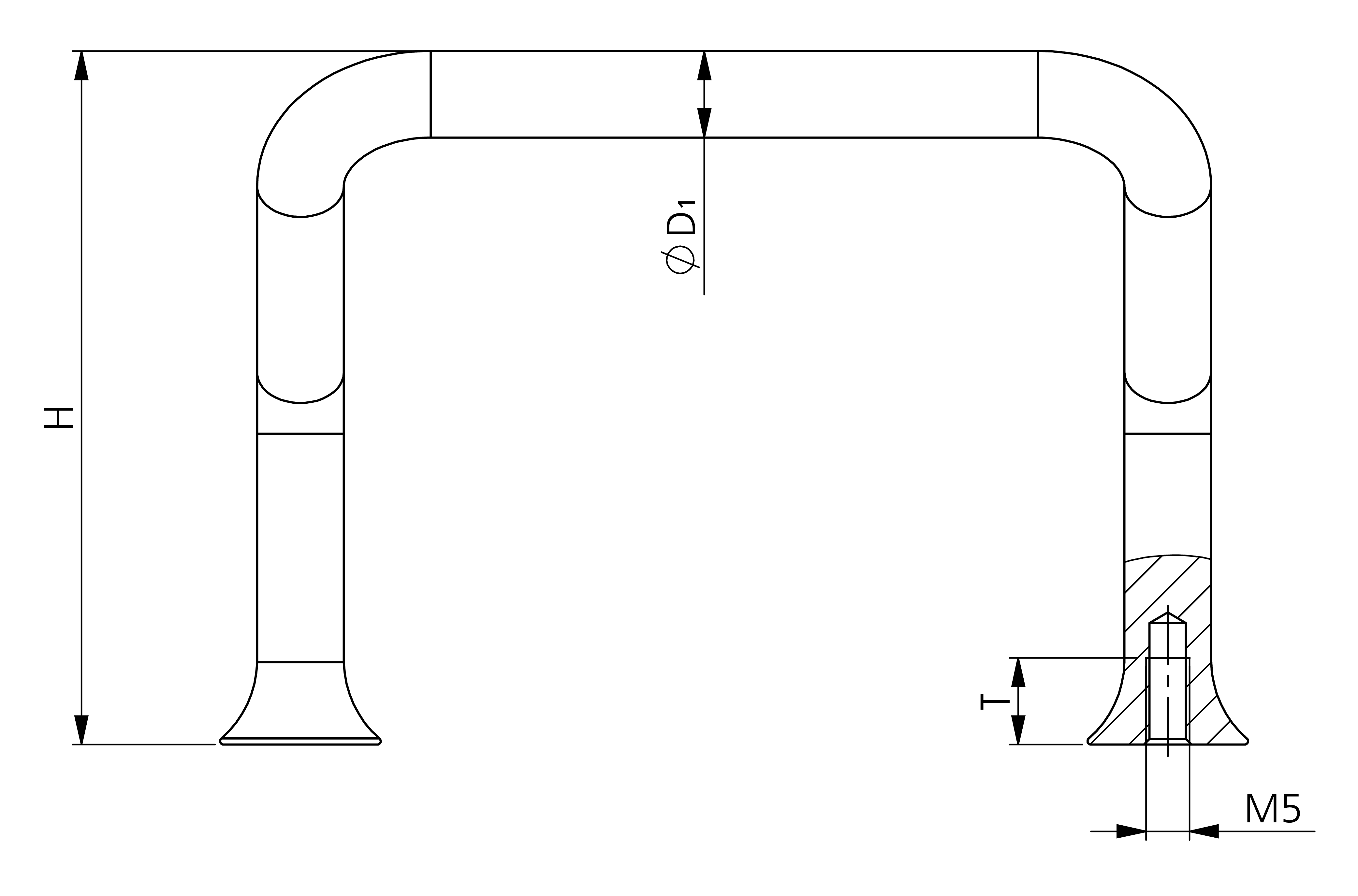 Technische Zeichnung eines runden Edelstahl-Griffs ET mit Bohrung und mehreren Maßangaben in Millimetern.