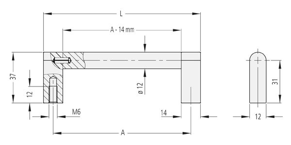 Technical drawing displaying sectional and front views of stainless steel handle UG-08 with detailed dimensions and internal construction.