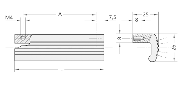 Technical drawing showing top and side cross-sectional views of an aluminium ledge handle with detailed measurements and mounting hole details.