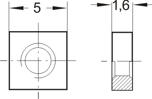 Technical drawing of aluminum profile handle F5 with dimensions: front view 5 mm square with central hole, side view 1.6 mm thickness and partial sectional cut.