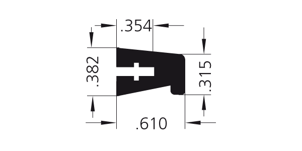 Cross-sectional technical drawing of F2 aluminum profile handle with measurement annotations in inches
