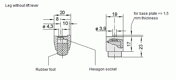 Technische Zeichnung eines Rohde-Gerätefußes GZ ohne Hubhebel mit Beschriftungen und Maßen für Gummifuß und Innensechskant