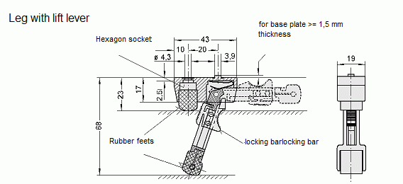 Technische Zeichnung eines Gerätefußes mit Hebelmechanismus, zeigt Maße und Verriegelungsdetails