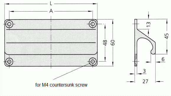 Technical drawing of LF-01 aluminum profile handle showing front and side views with dimensions and M4 countersunk screw holes