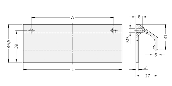 Technical drawing showing front and side views of LF-02 front panel handle made of profiled aluminium with mounting holes and curved grip.