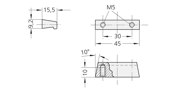 Technical schematic of LG-01 aluminium profile handle with front, top, and cross-sectional views including mounting hole details and dimensional annotations.