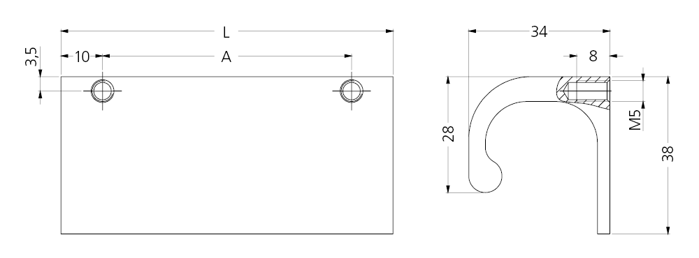Technical drawing of LG-08 front panel handle with top and side views and dimensional annotations in millimeters.