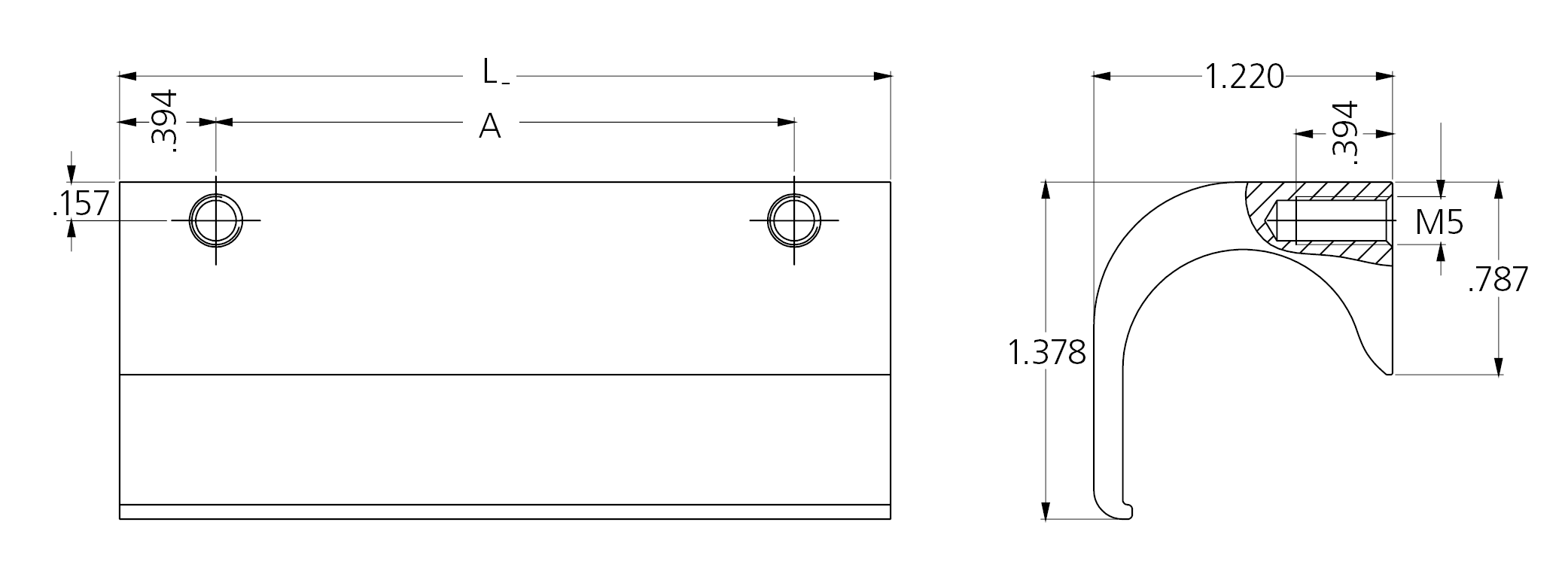 Technical drawing showing front and side views of LG-09 aluminum profile handle with dimensions and M5 threaded hole