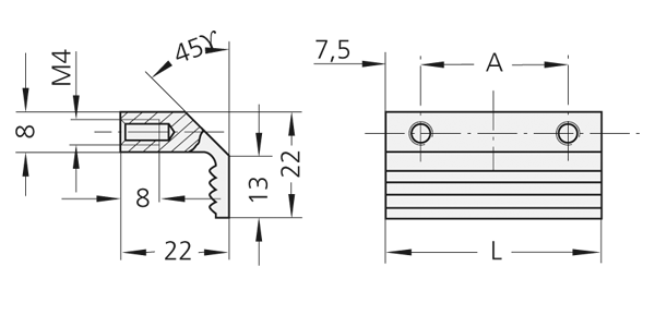 Technical drawing of LG-03 front panel handle showing cross-sectional side view and top view with dimensions and mounting holes.
