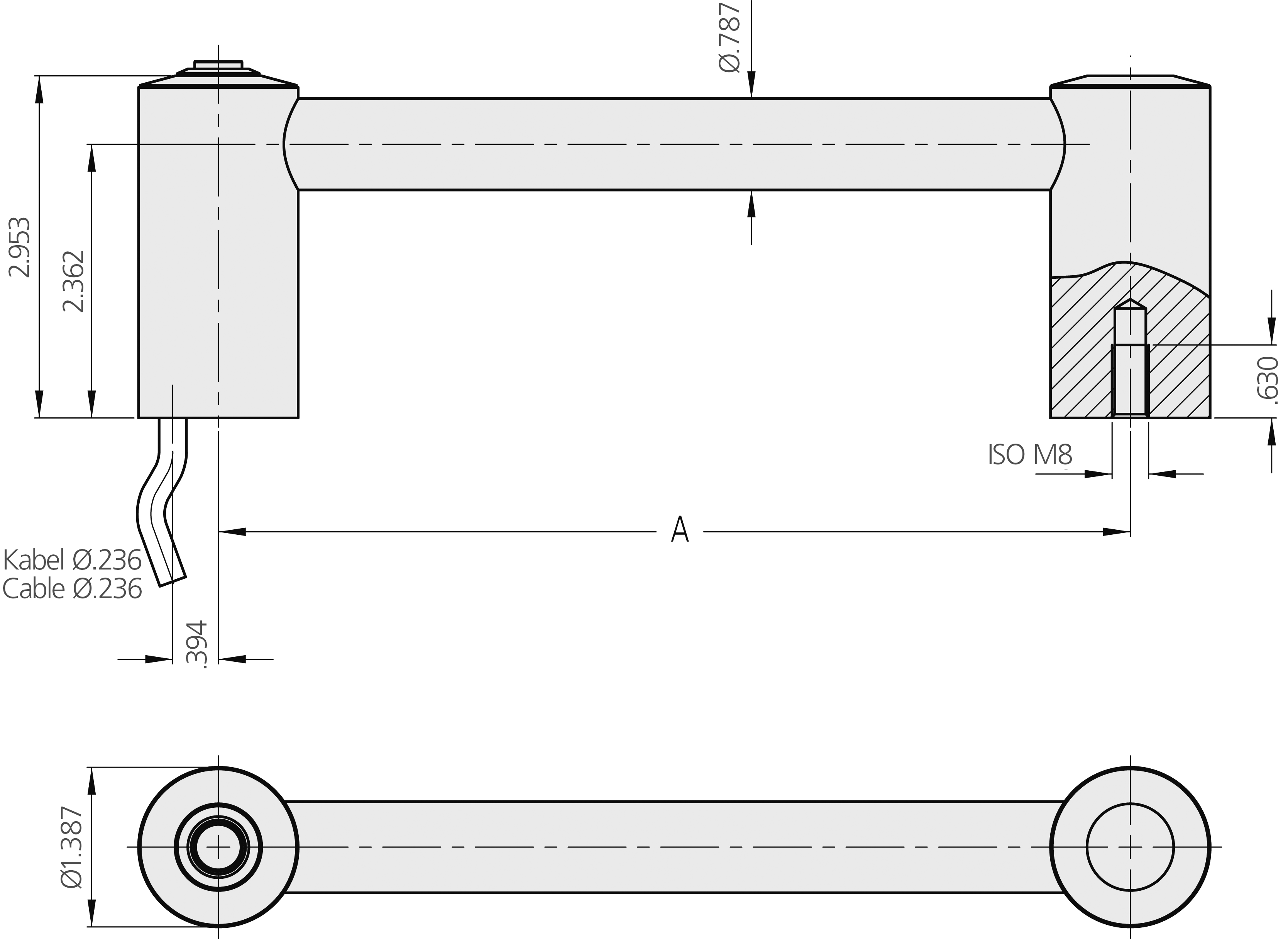 Technical drawing of FG15 Type B handle showing side and top views with dimensions in inches.