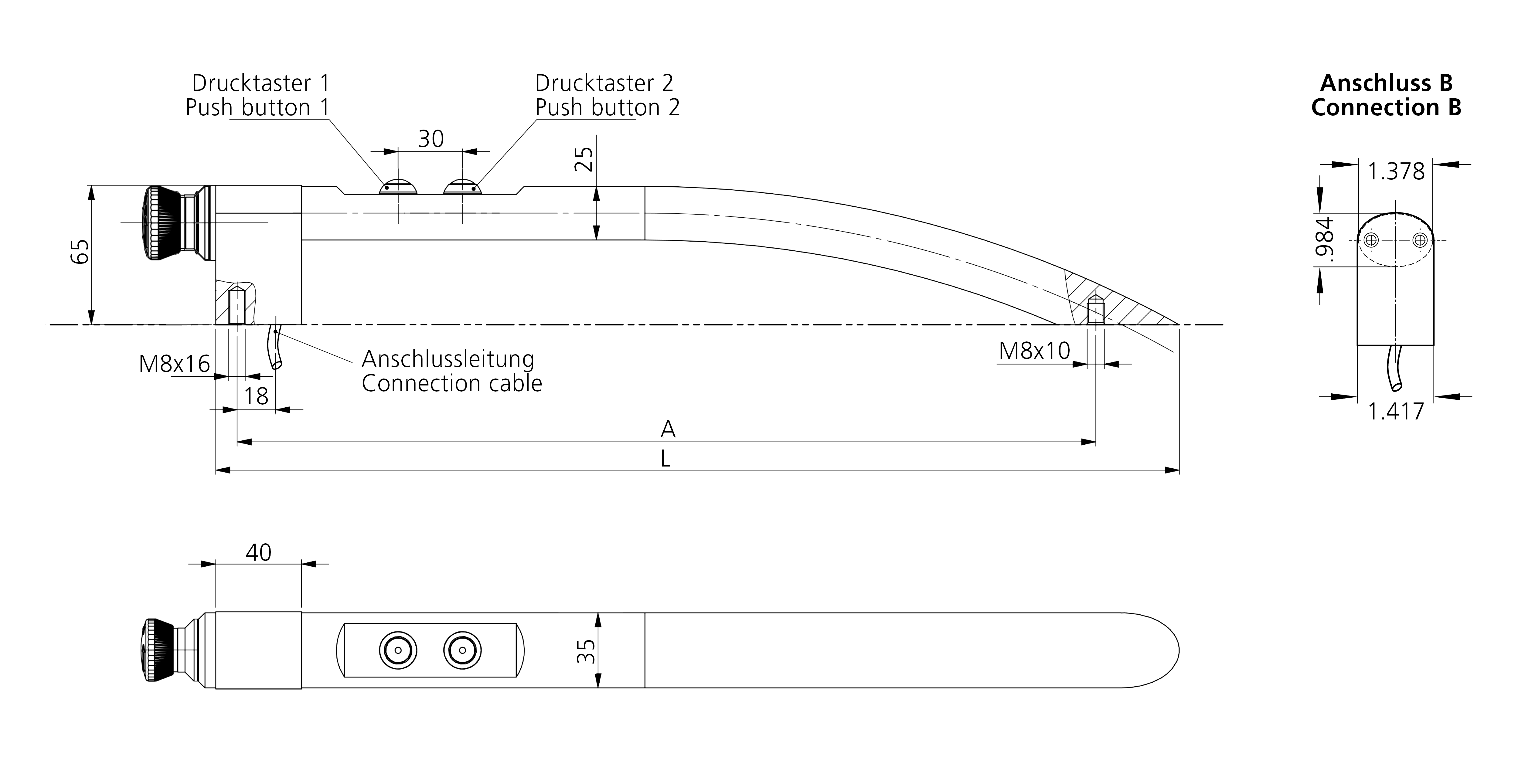 Technical drawing of FG20 handle with two push buttons, labeled dimensions, and connection points including M8 screws and connection cable location.