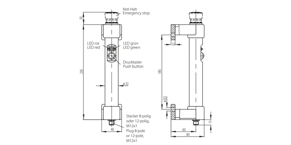 Technical schematic of a handle with emergency stop button, push button and LED indicators, showing front and side views with dimensions and connector details.