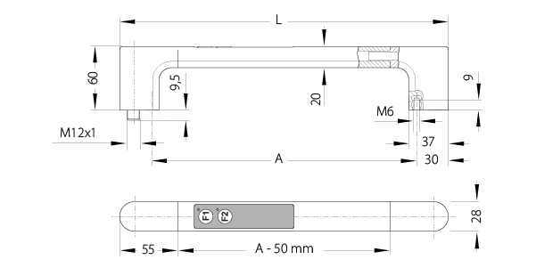 Technical drawing of FG4-E electrical handle with keypad buttons F1 and F2, annotated with dimensions and thread sizes.