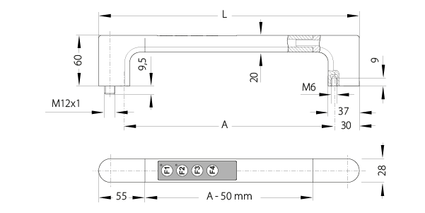 Technical drawing of FG4-E handle showing side and top views with dimensions and keypad buttons labeled F1 to F4