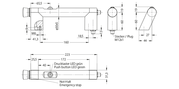 Technische Zeichnung eines Funktionsgriffes FG7-01 mit Drucktaster LED grün und Not-Halt-Funktion, dargestellt in mehreren Ansichten mit Abmessungen