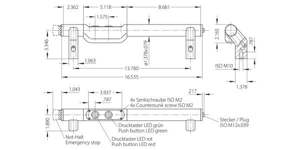 Technische Zeichnung eines Funktionsgriffs FG8 mit Abmessungen, beleuchteten Drucktastern in grün und rot, Not-Halt Schalter und ISO M10 Gewinde