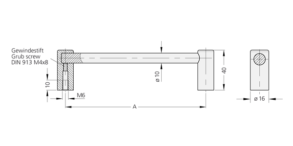 Technical drawing depicting dimensions and cross-sectional views of VG-08 and VG-09 aluminium handles