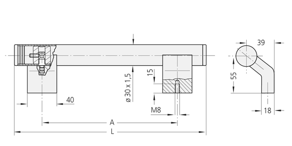 Technical line drawing showing front sectional and side views of the TL.WR stainless steel handle with aluminium profile and mounting components.