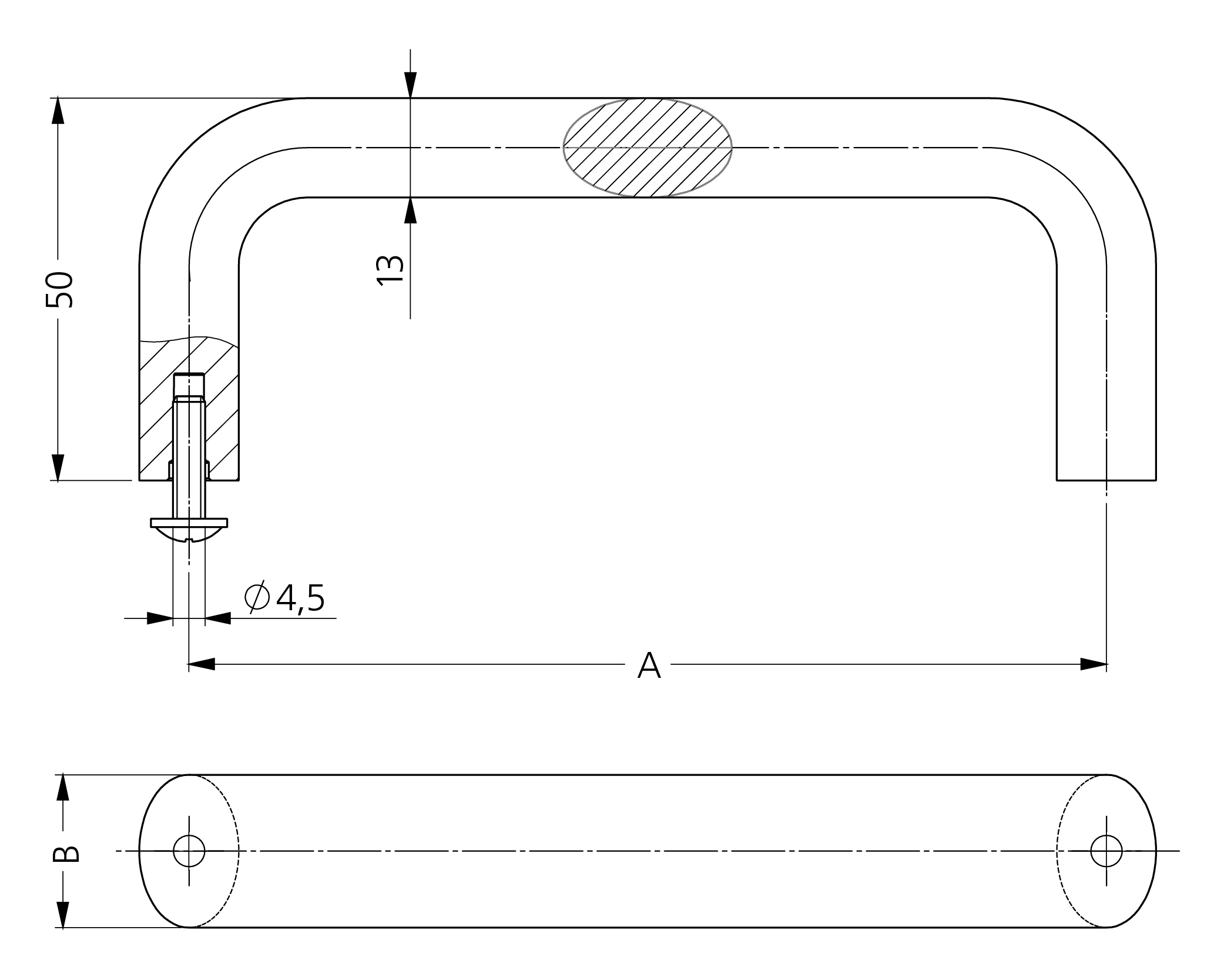 Technical drawing of KO plastic bow-type handle showing front, side, and top views with measurements and mounting hole details.