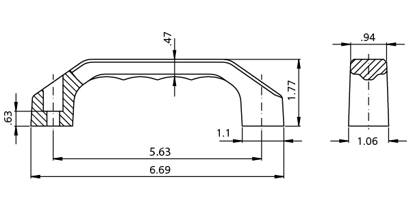 Technische Zeichnung eines Kunststoff-Bügelgriffs RG PPA mit Abmessungen in Zoll, Seiten- und Querschnittsansicht.