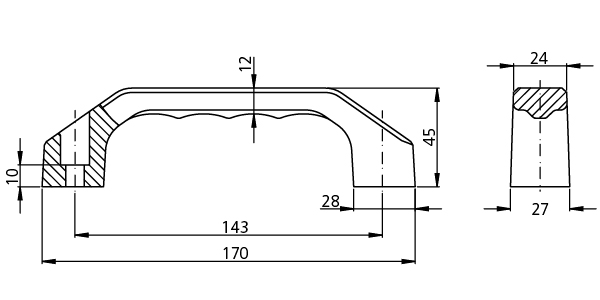 Technische Zeichnung eines Kunststoff-Bügelgriffs mit genauen Abmessungen in Millimetern