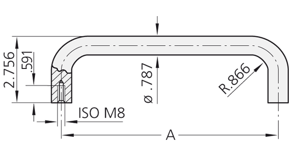 Technische Zeichnung eines U-förmigen Bügelgriffs aus Rundstahl mit 20 mm Durchmesser, inklusive Querschnitt an einem Griffende
