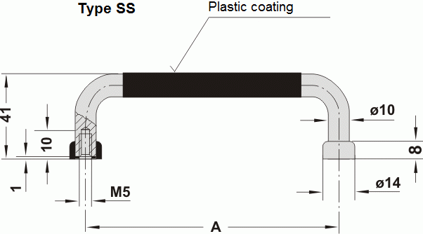 Technische Zeichnung eines Bügelgriffs Typ SS mit Kunststoffüberzug, zeigt Maße und Details wie Rohrdurchmesser, Griffhöhe und Gewinde M5