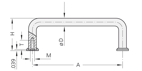 Technische Zeichnung eines Rundstahl Bügelgriffs mit Schnittansicht an der linken Seite